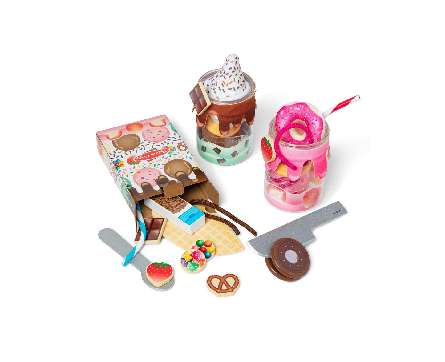 Make A Shake Set with two stacked mason jar milkshake makers, colorful pretend food pieces including donuts, cookies, strawberry, pretend toppings, and accessor
