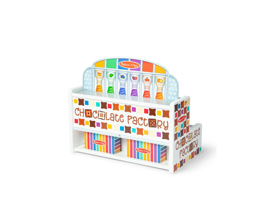 Melissa & Doug Wooden Chocolate Factory Play Set with colorful chocolate bar molds on top tier and storage boxes below
