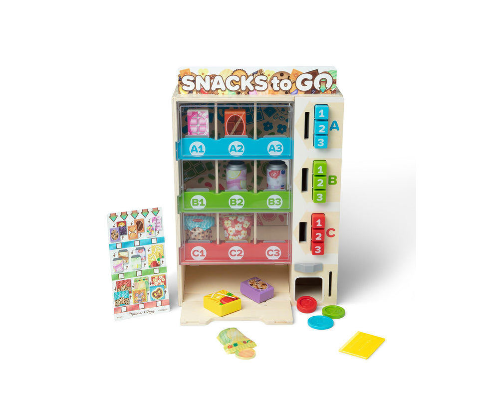 Snacks to Go wooden vending machine play set with colorful dispensing slots, interactive coin slots, pretend snack boxes, and accessories including colored coin