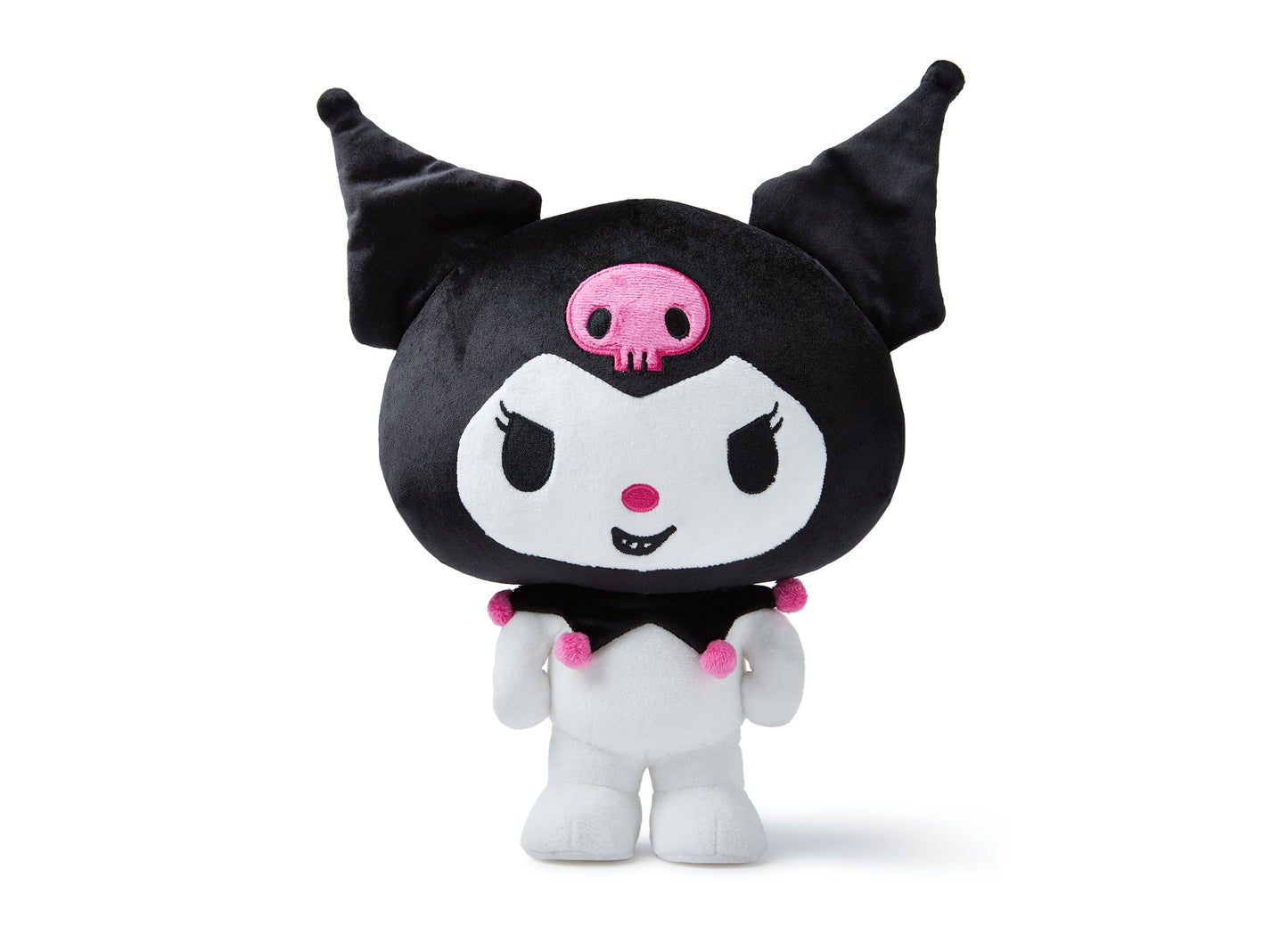 Sanrio Kuromi plush toy with black pointed ears, white face with pink nose and eyes, black smile, pink skull marking on forehead, black torso, and white body wi