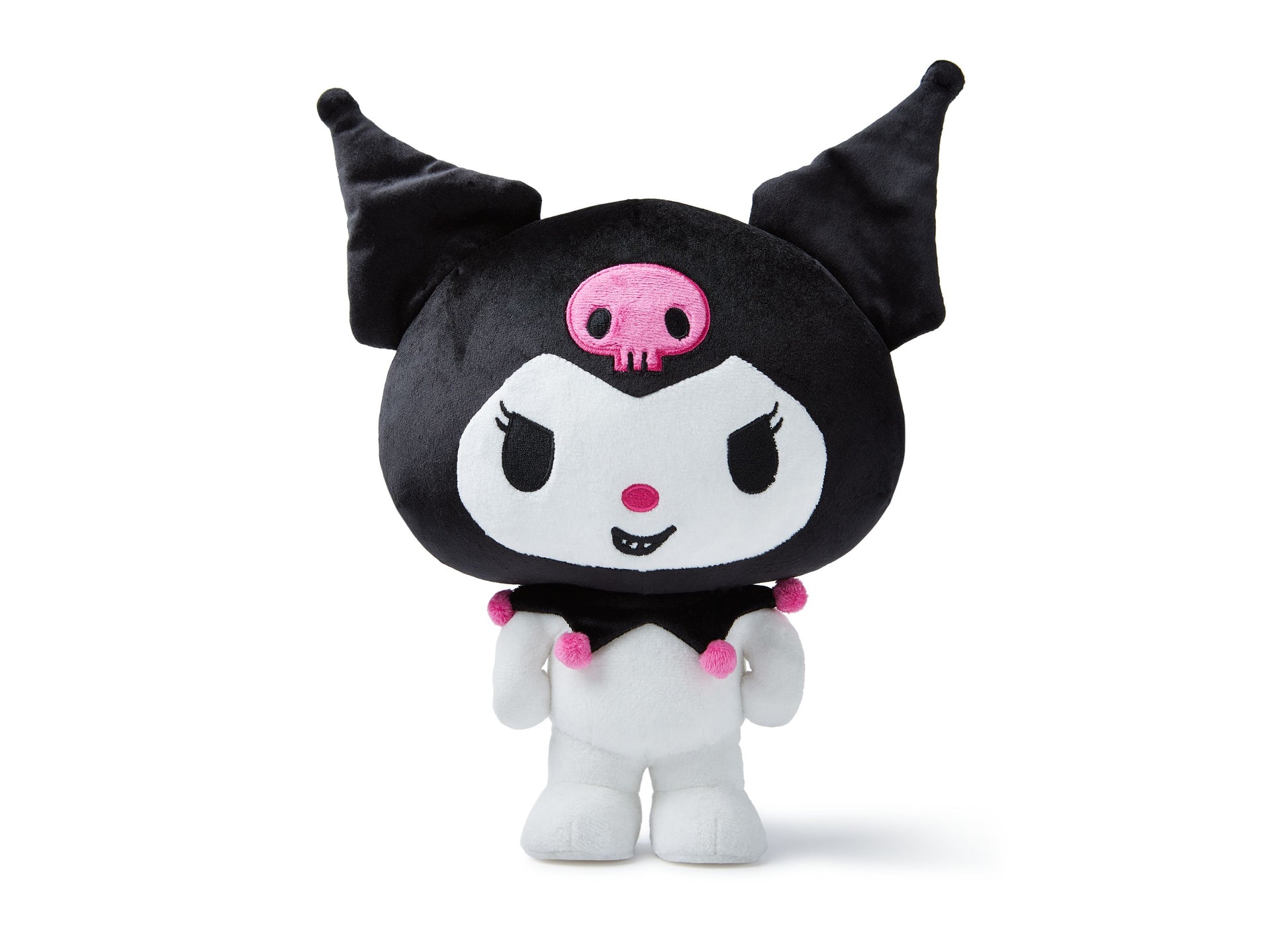 Sanrio Kuromi plush toy with black pointed ears, white face with pink nose and eyes, black smile, pink skull marking on forehead, black torso, and white body wi