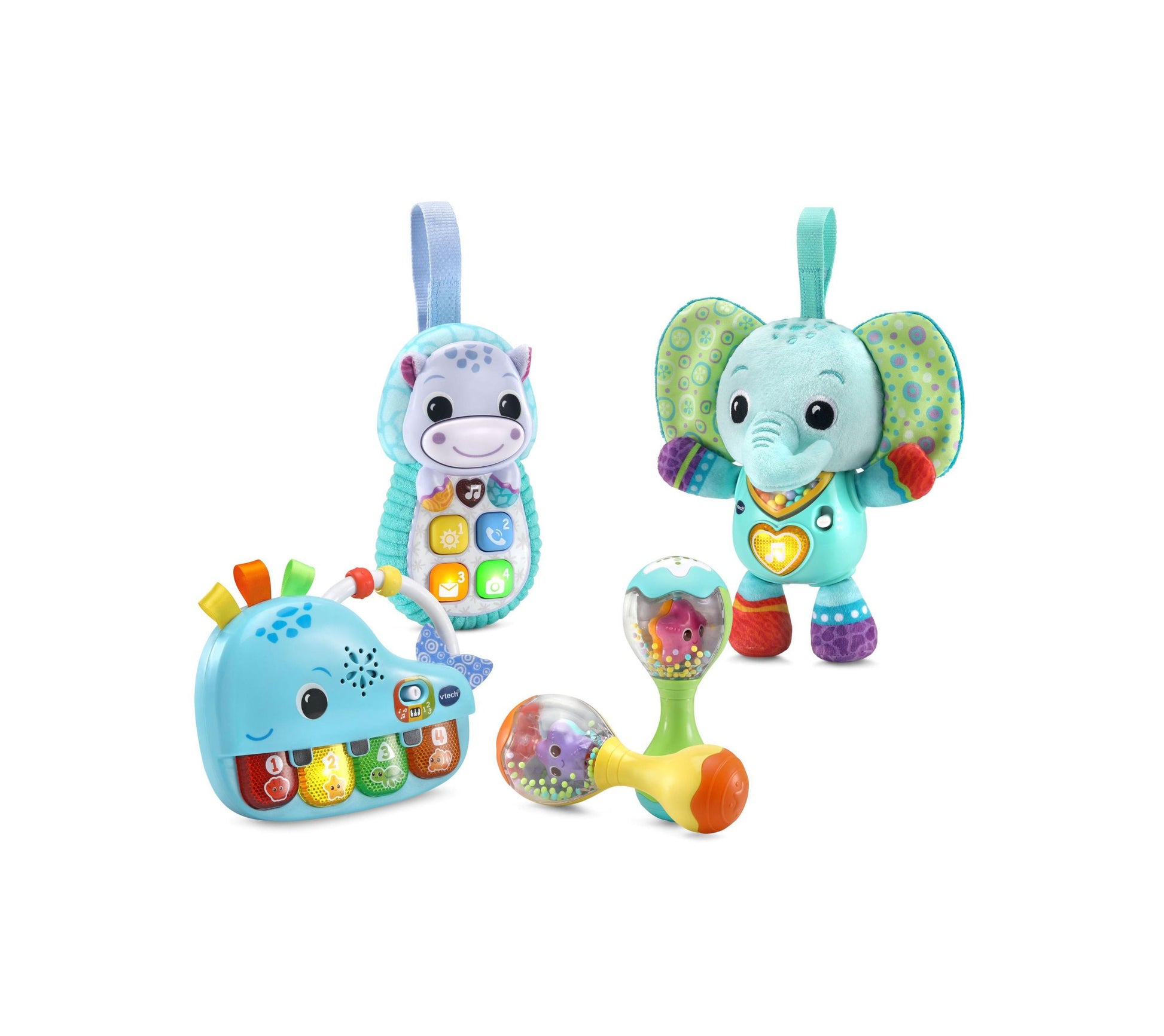 VTech Touch & Teach Musical Animals Exploration Set with blue whale, hippo phone, elephant with hanging loop, and rattle toy on plain background