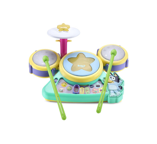 VTech Bluey Hooray Interactive Drum Set with yellow and blue star-shaped center drum, two side drums with mesh heads, green drumsticks, purple and mint base, an