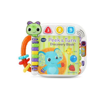 VTech Peek and Turn Discovery Book with green frog character on left side, colorful interactive pages featuring blue elephant, numbered buttons 1-2-3, and stack