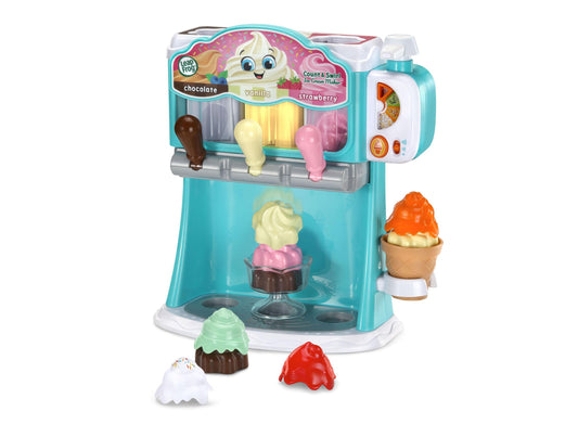 LeapFrog Count & Swirl Ice Cream Maker with turquoise machine, chocolate, vanilla, and strawberry dispensers, animated ice cream character on top, and colorful