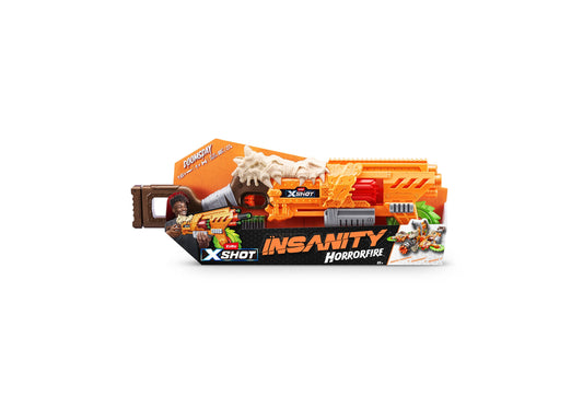 X-Shot Insanity Horrorfire blaster with orange and black design, spinning saw blade attachment, and foam projectiles on plain white background