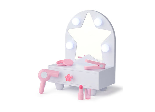 White and pink light-up vanity mirror playset with star-shaped mirror, four LED lights, working hair dryer, hairbrush, and cosmetic accessories
