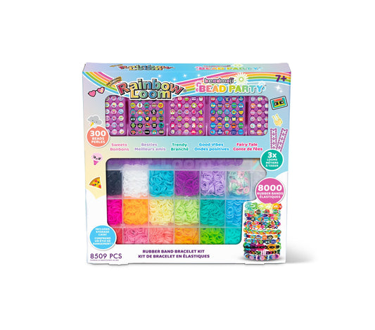 Rainbow Loom Beadmoji Bead Party rubber band bracelet kit with 300 beads, 8000 rubber bands, 3 looms, and 6 bead design trays featuring Sweets, Besties, Trendy,