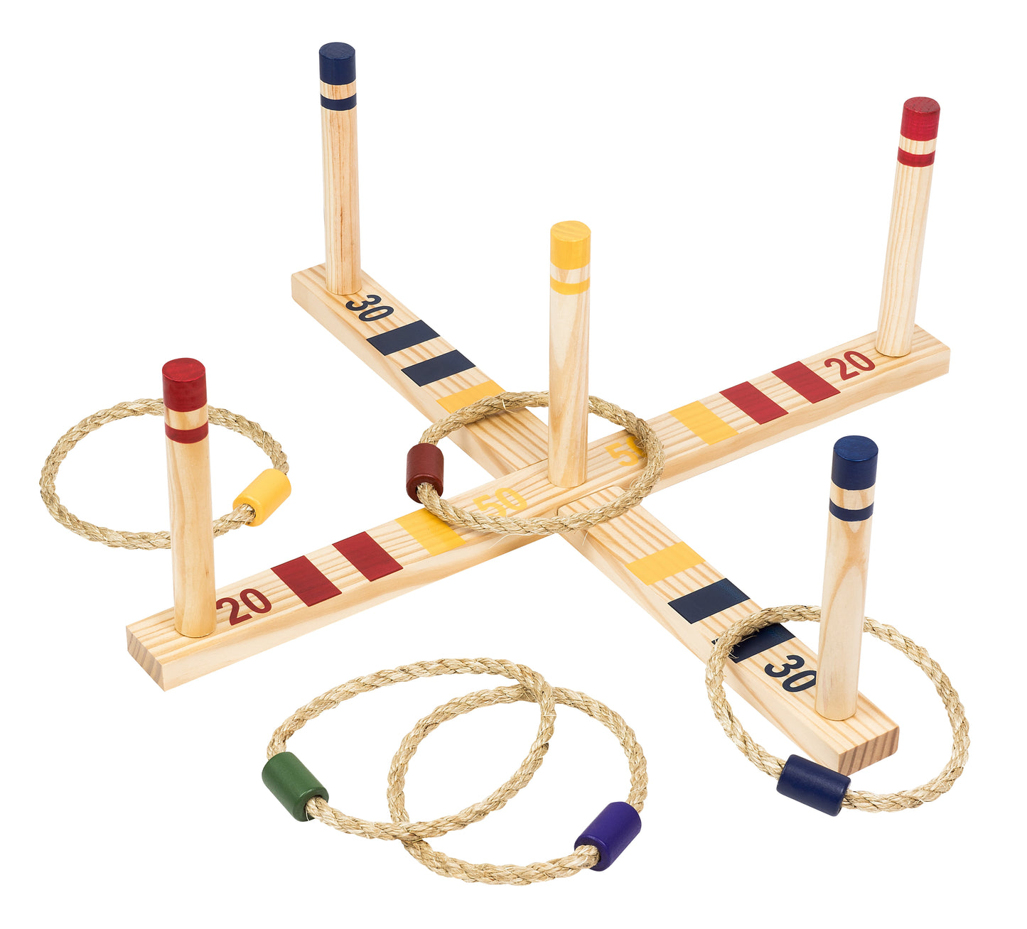 Wooden ring toss game set with five wooden posts on crossbars marked with scoring numbers, rope rings in assorted colors, and color-coded post tops
