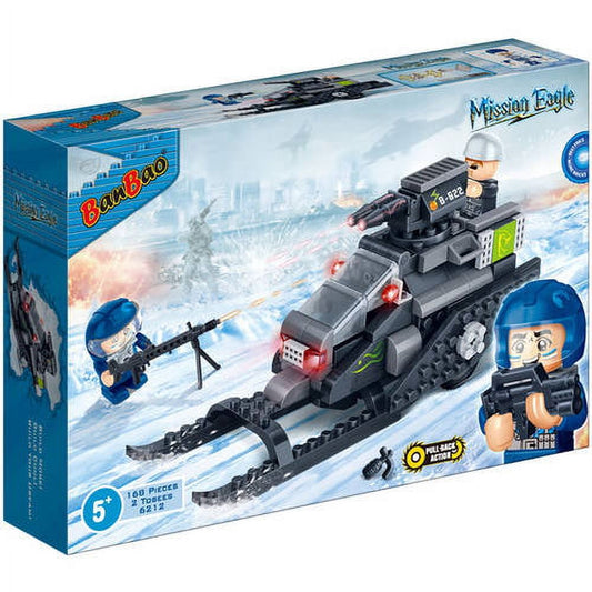 BanBao Mission Eagle snow-themed building set with black and gray snowmobile vehicle, two blue-helmeted minifigures, and accessories including a gun piece