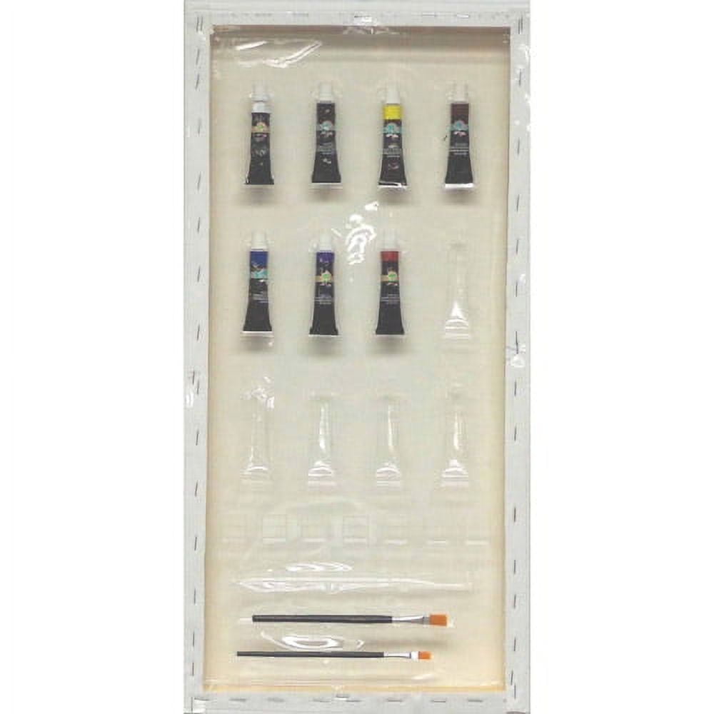 Paintadoodle DIY Vase of Flowers Canvas Painting Kit contents displayed: seven paint tubes with colored caps, four paintbrushes, palette, and canvas on white ba