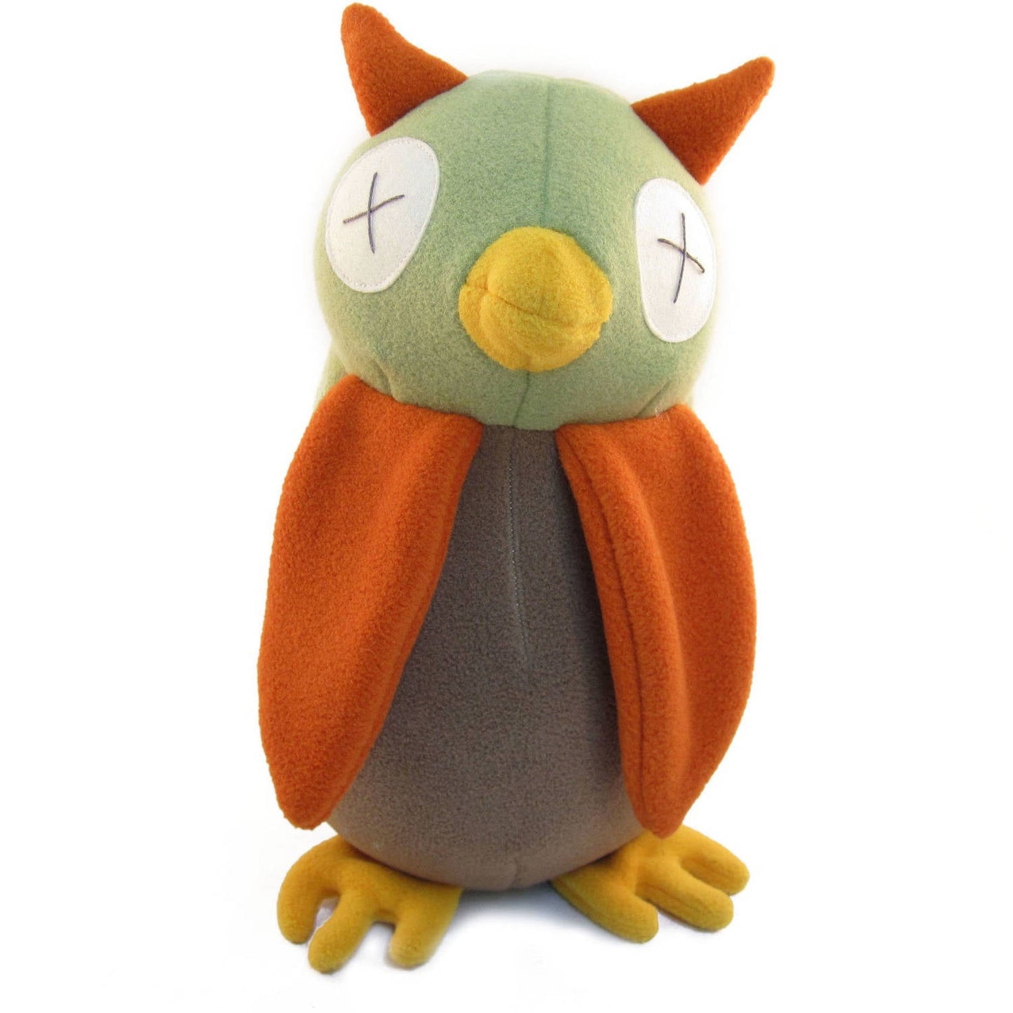 Soft plush owl with sage green head, orange ears and wings, gray body, yellow beak and feet, embroidered X eyes