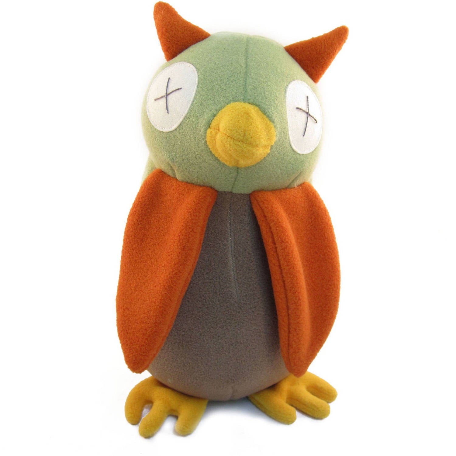 Soft plush owl with sage green head, orange ears and wings, gray body, yellow beak and feet, embroidered X eyes