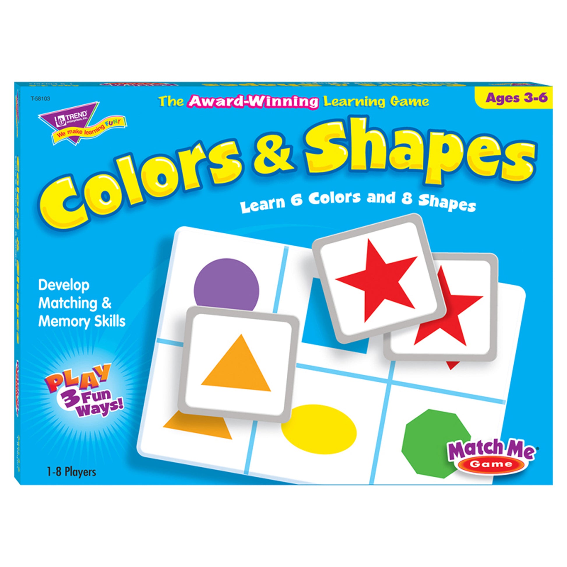 Colors & Shapes Match Me Game box showing purple circle, orange triangle, yellow oval, red stars, and green hexagon cards on blue background, ages 3-6