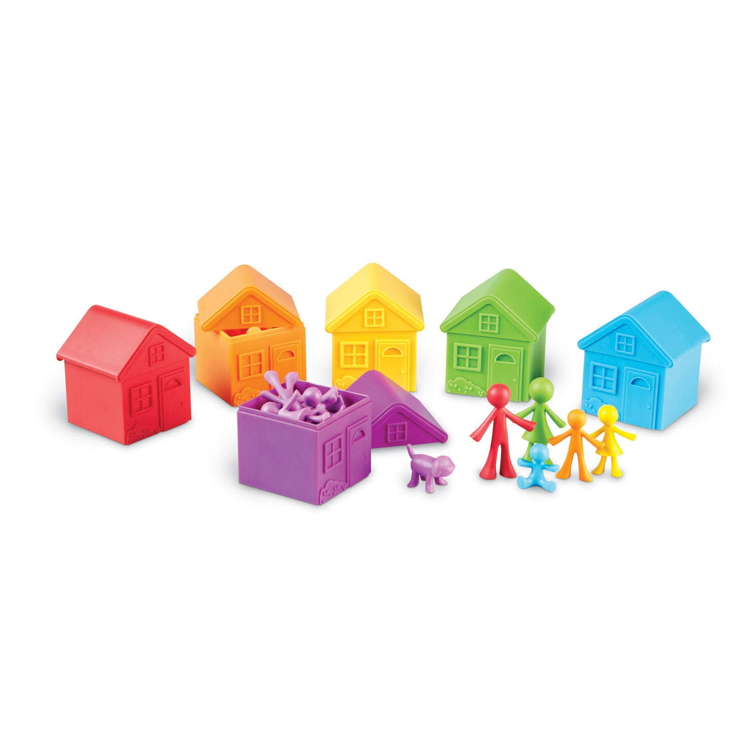 Five colorful plastic houses in red, orange, yellow, green, and blue with matching family figures and a purple pet dog, arranged on white background