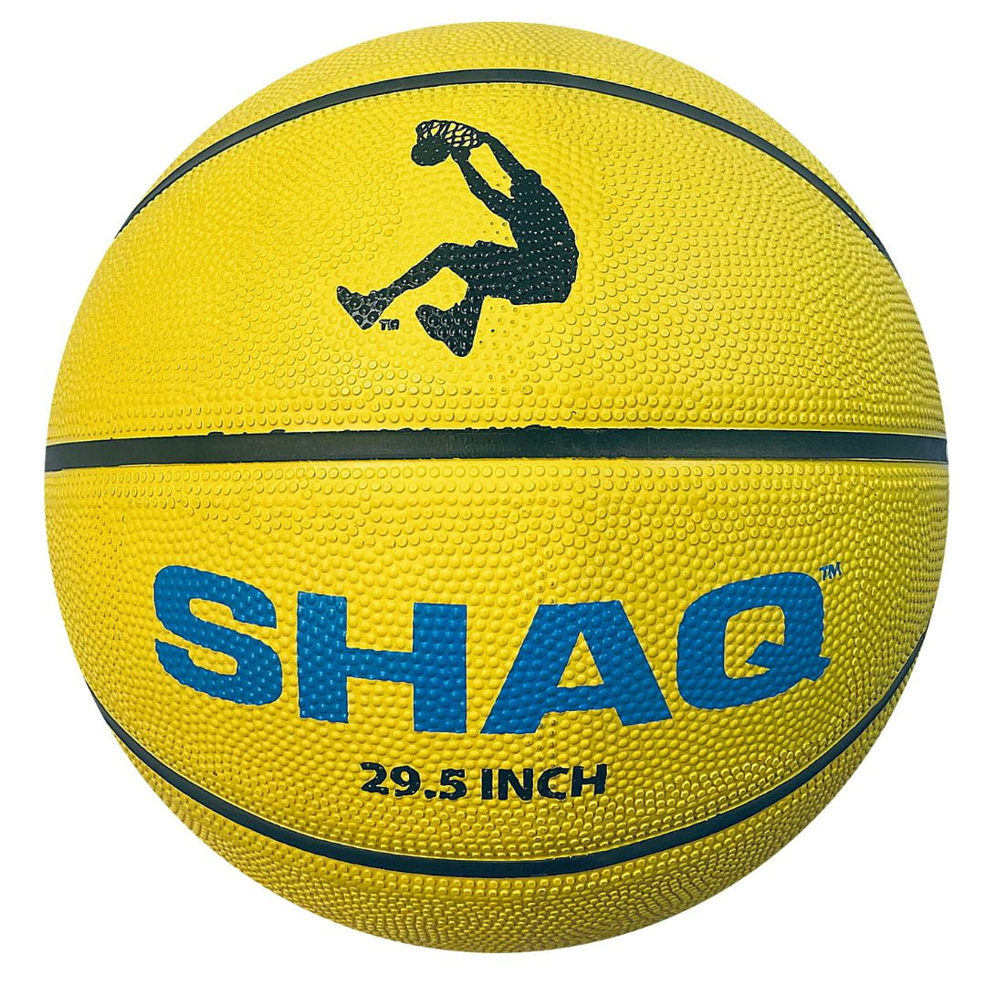 Yellow 29.5-inch SHAQ basketball with blue text and dark silhouette logo, all-weather rubber construction