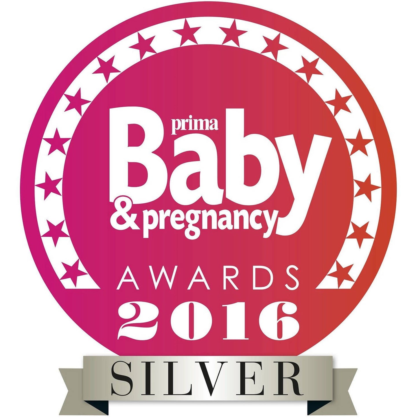 Prima Baby & Pregnancy Awards 2016 Silver award badge with pink circular background, white stars border, and beige ribbon
