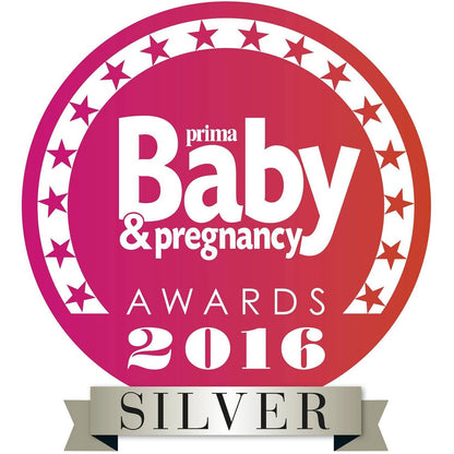 Prima Baby & Pregnancy Awards 2016 Silver award badge with pink circular background, white stars border, and beige ribbon