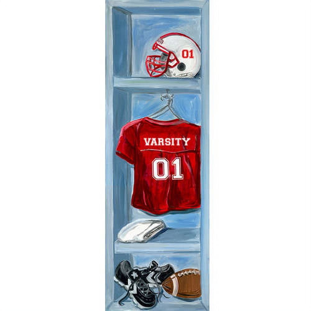 Blue locker illustration with red and white football helmet labeled 01, red Varsity 01 jersey on hanger, white cleats, and black football cleats with brown foot