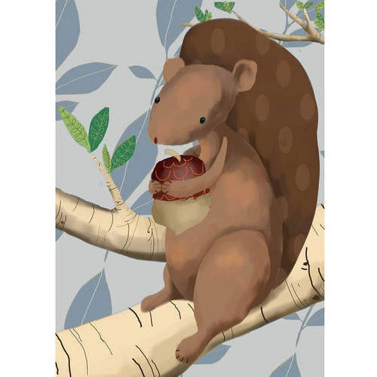 Illustrated brown monkey sitting on tan branch, reaching toward green leaves, against blue and gray leafy background