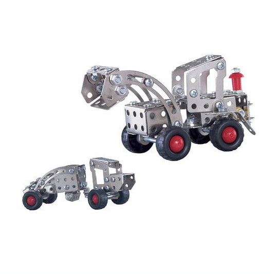 Metal construction building set with two vehicles: loader with articulating arm and red wheels, and scraper with red wheels, shown assembled on plain background