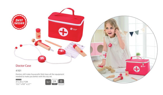 Red doctor's medical case with stethoscope, wooden medical tools, and accessories on plain background; modeled by a child playing doctor in bright room on right