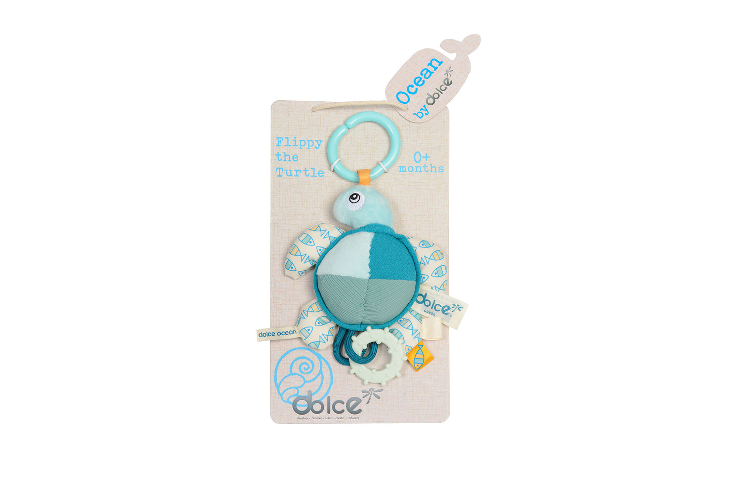 Flippy the Turtle by Dolce, textured plush toy with turquoise ring attachment, segmented shell, and attached sensory elements, for 0+ months