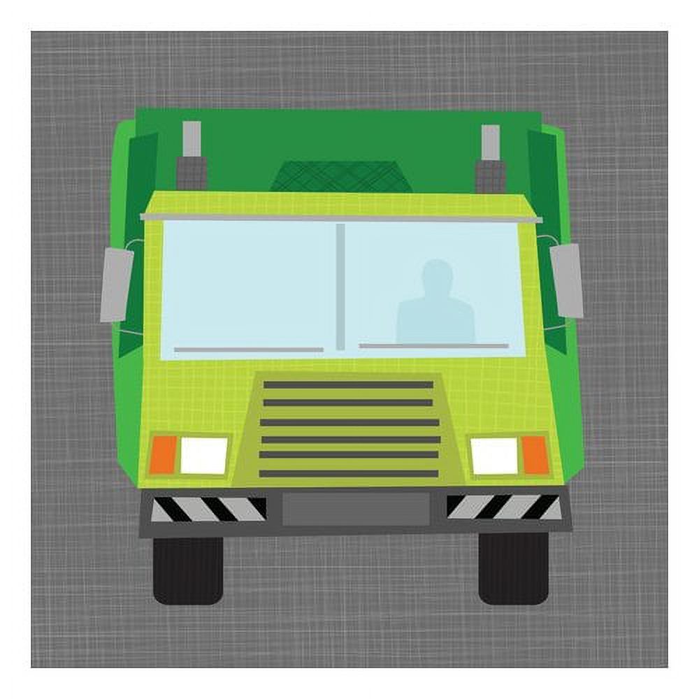 Illustration of a bright green and yellow bus viewed from the front on a gray textured background, with a silhouette of a driver visible in the windshield