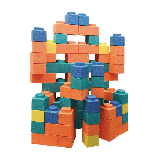 Creativity Street Gorilla Blocks 66-piece set stacked in an abstract structure, featuring large foam blocks in blue, orange, teal, and yellow