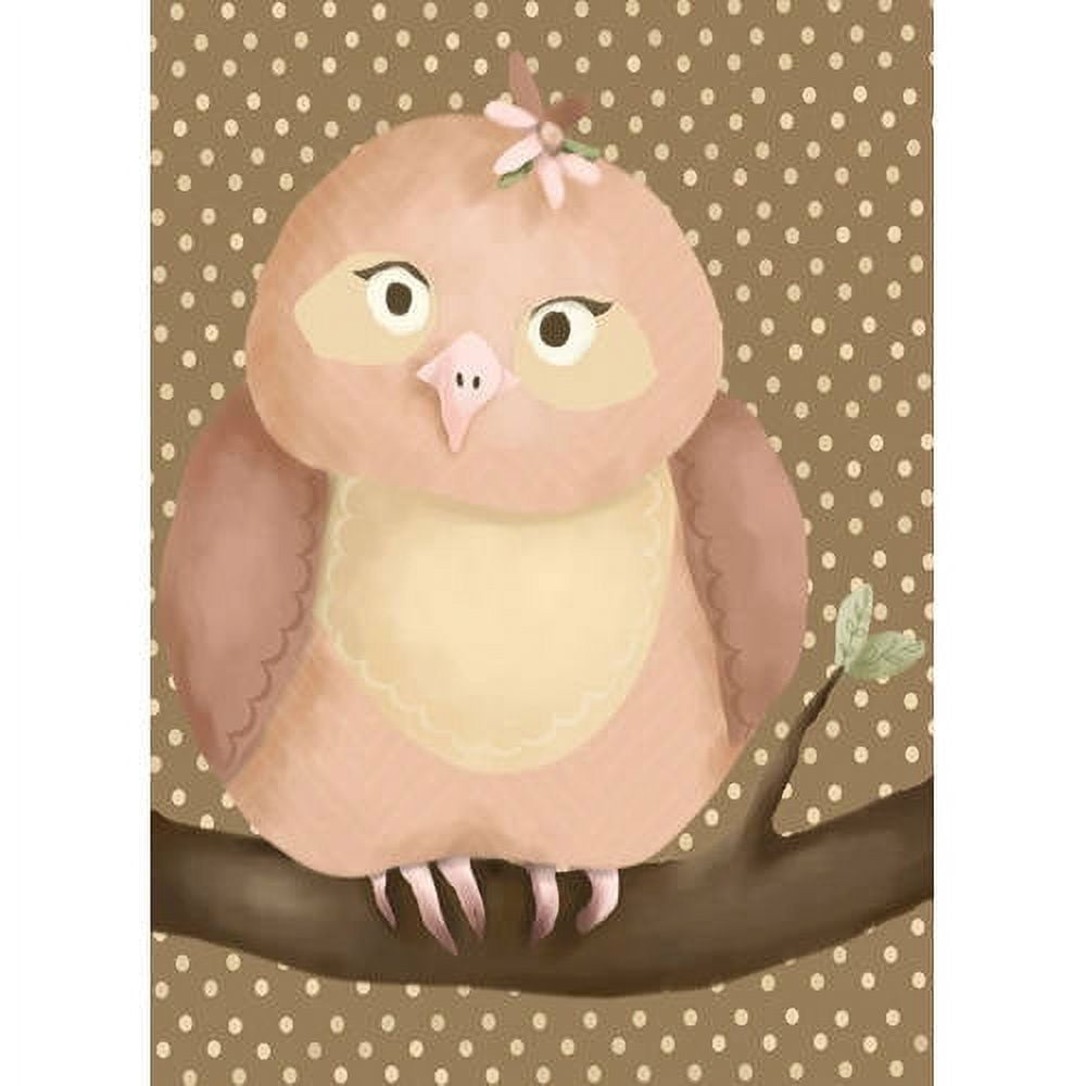 Illustrated pink owl with cream belly, pink bow on head, perched on brown branch against tan polka-dot background