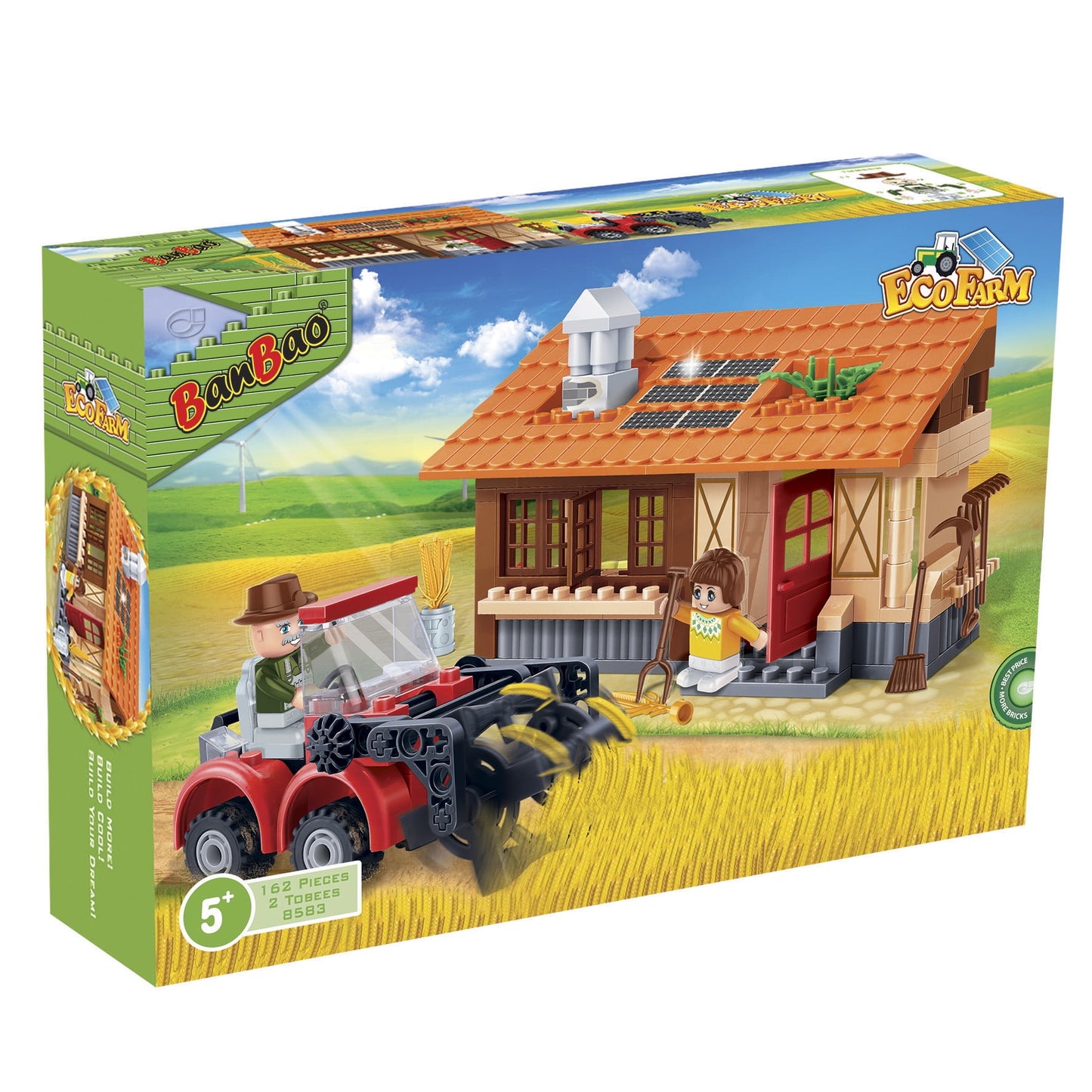 BanBao Eco Farm building set with red harvester tractor, farmer minifigure, and brown farm building with solar panels, 162 pieces