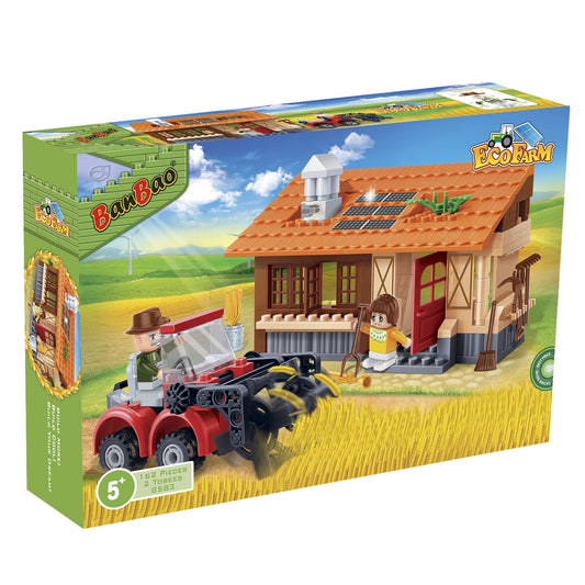 BanBao Eco Farm building set with red harvester tractor, farmer minifigure, and brown farm building with solar panels, 162 pieces
