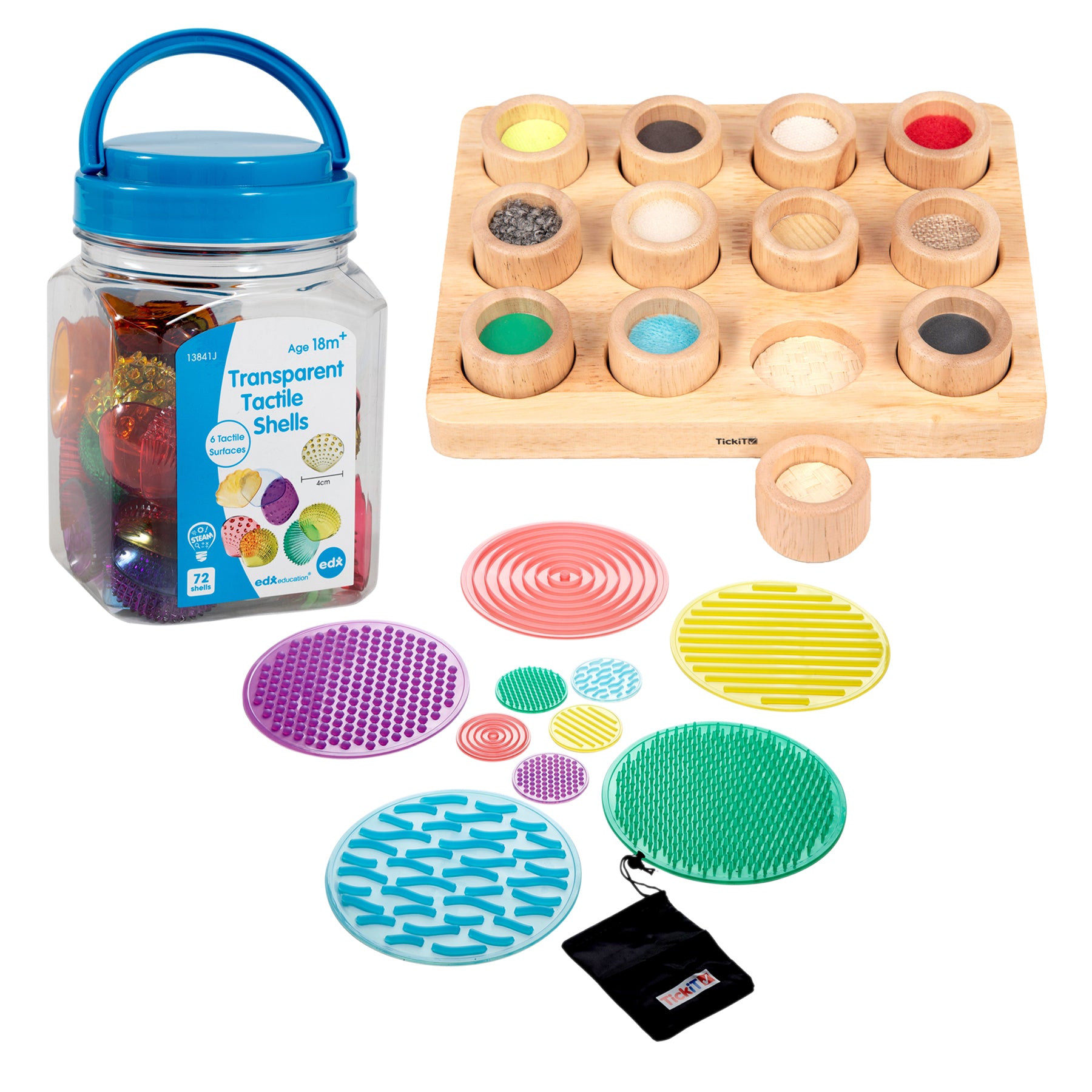 Transparent Tactile Shells learning kit with blue carry handle, wooden storage board with 12 textured shells, colorful textured sensory discs, and black storage