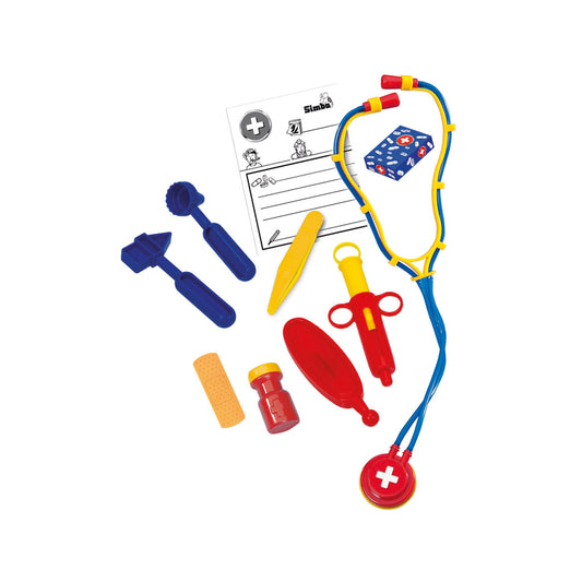 Doctor Case Playset with stethoscope, syringe, bandages, thermometer, otoscope, and instruction card on plain background