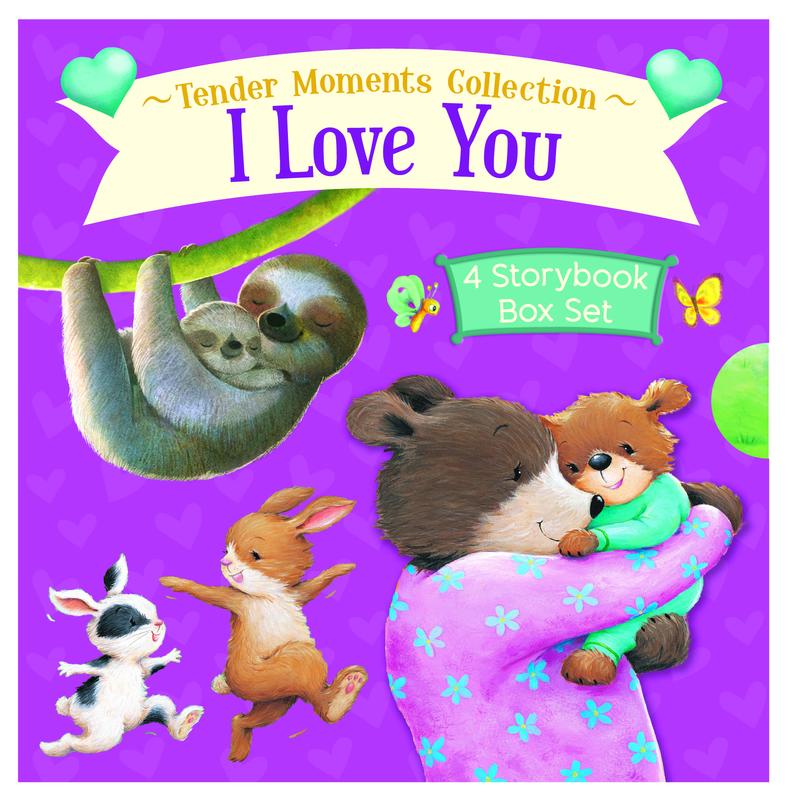 Tender Moments Collection I Love You 4 Storybook Box Set featuring illustrated animals including a sloth, bunny, hedgehog, and bear on purple background