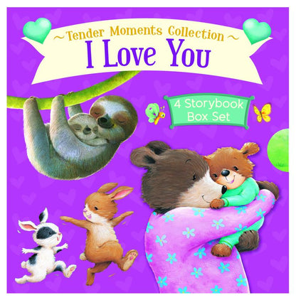 Tender Moments Collection I Love You 4 Storybook Box Set featuring illustrated animals including a sloth, bunny, hedgehog, and bear on purple background