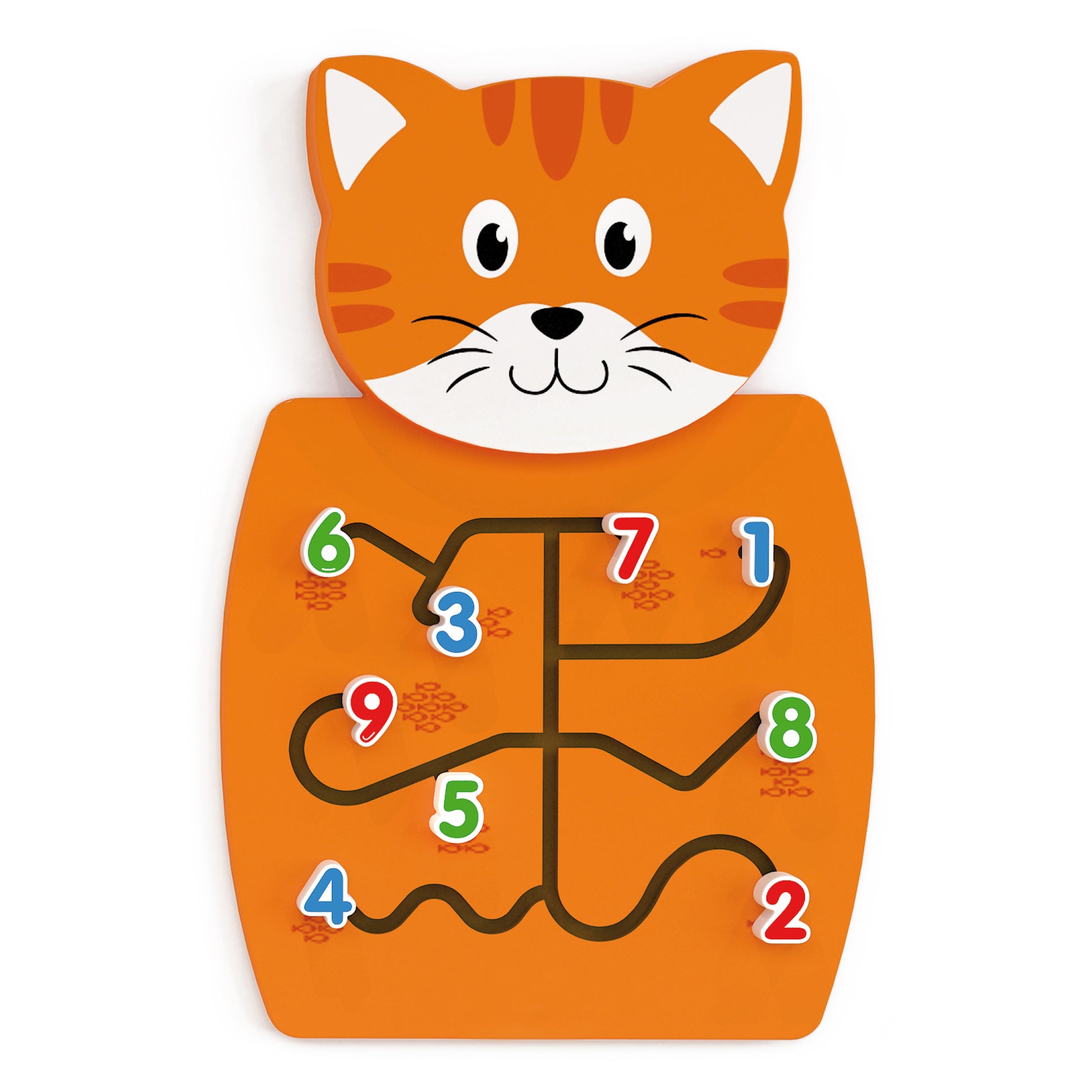 Orange cat-shaped activity wall panel with numbered maze paths and finger tracing routes for learning numbers and fine motor skills