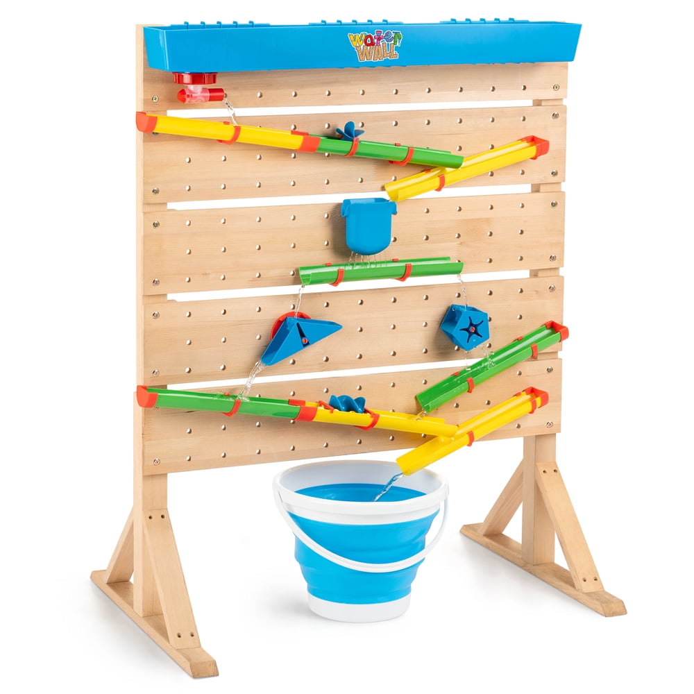Waterwall Interactive Sensory Play Set with wooden pegboard, colorful tubes and tracks, blue bucket, and water features on white background