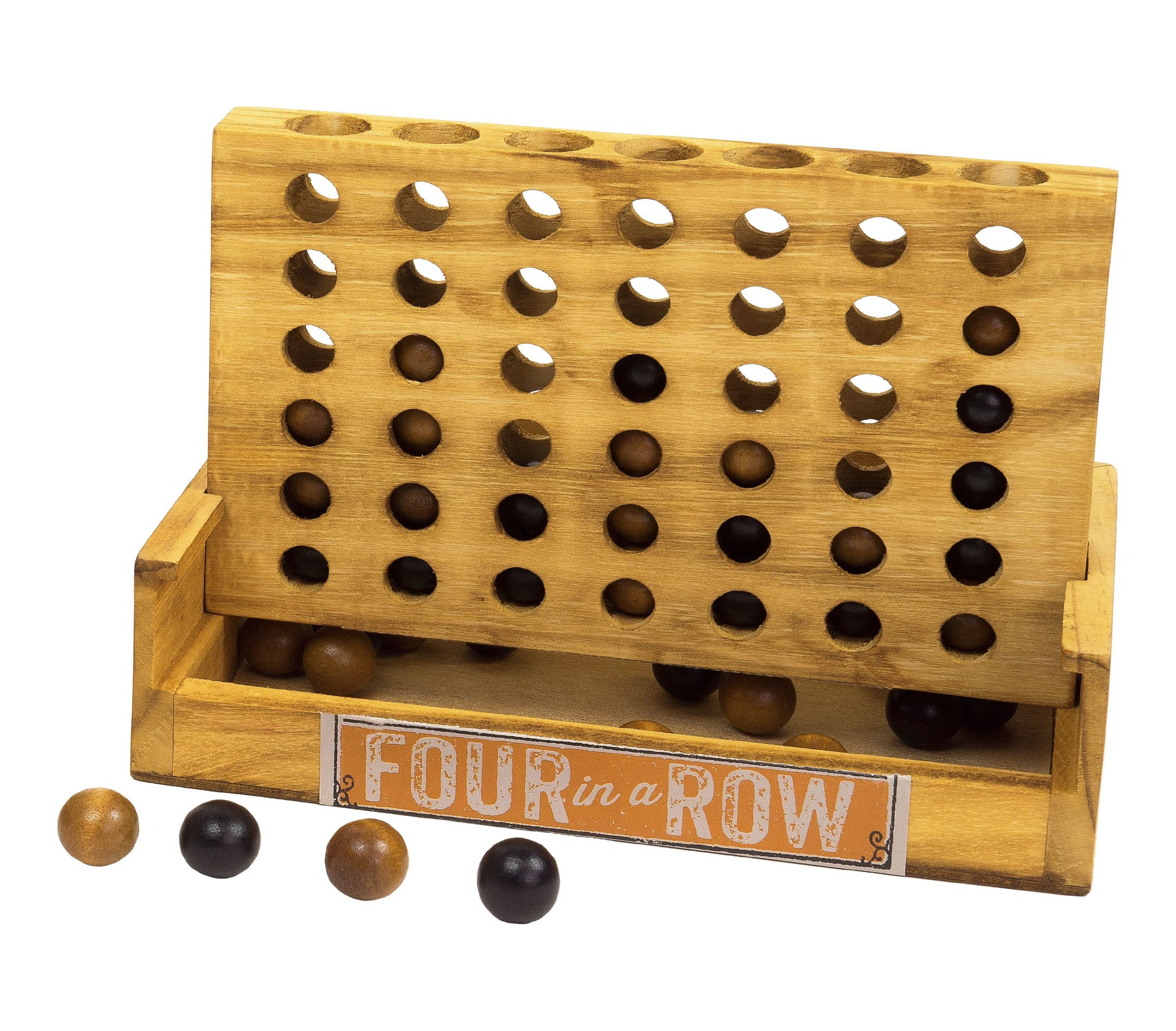 Wooden Four in a Row game with tilted board showing holes for pieces, orange label reading 'FOUR in a ROW', and brown and black marbles displayed in front