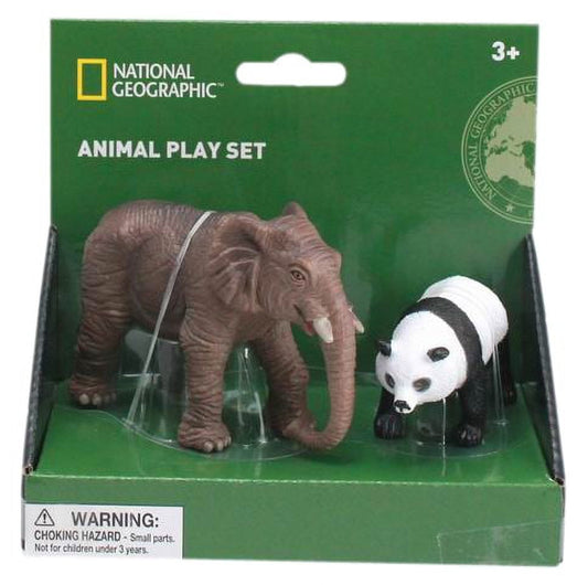 National Geographic Animal Play Set with brown elephant and black-and-white panda figurines on green packaging