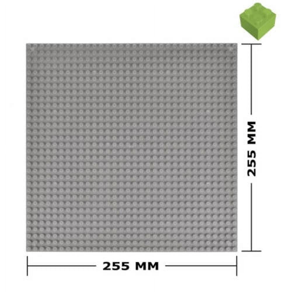 Gray baseplate with stud pattern, 255 mm by 255 mm, with green block shown for scale
