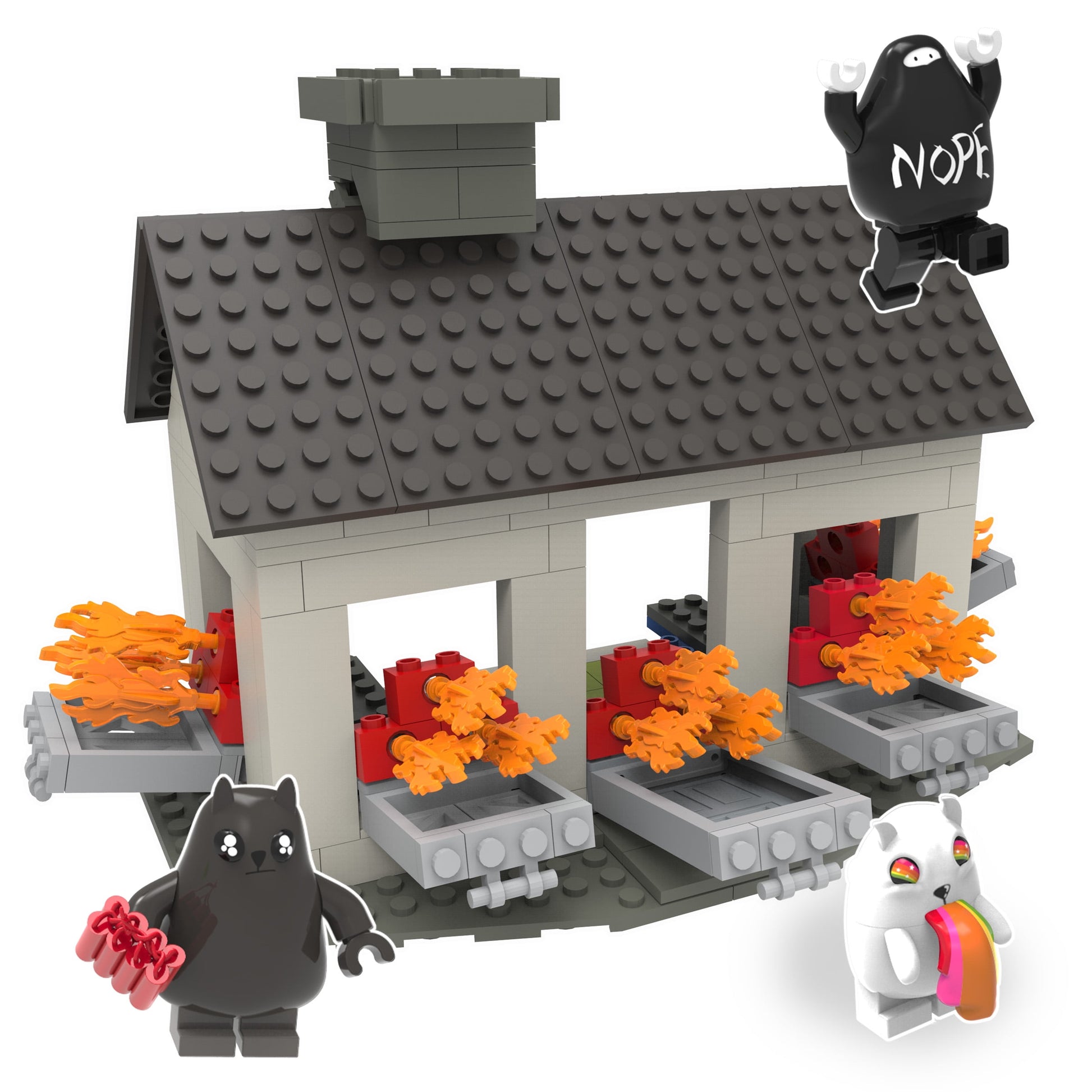 Exploding Kittens House Scene Construction Set with building blocks forming a white house with gray roof, black cat figure holding pink items, black ghost figur