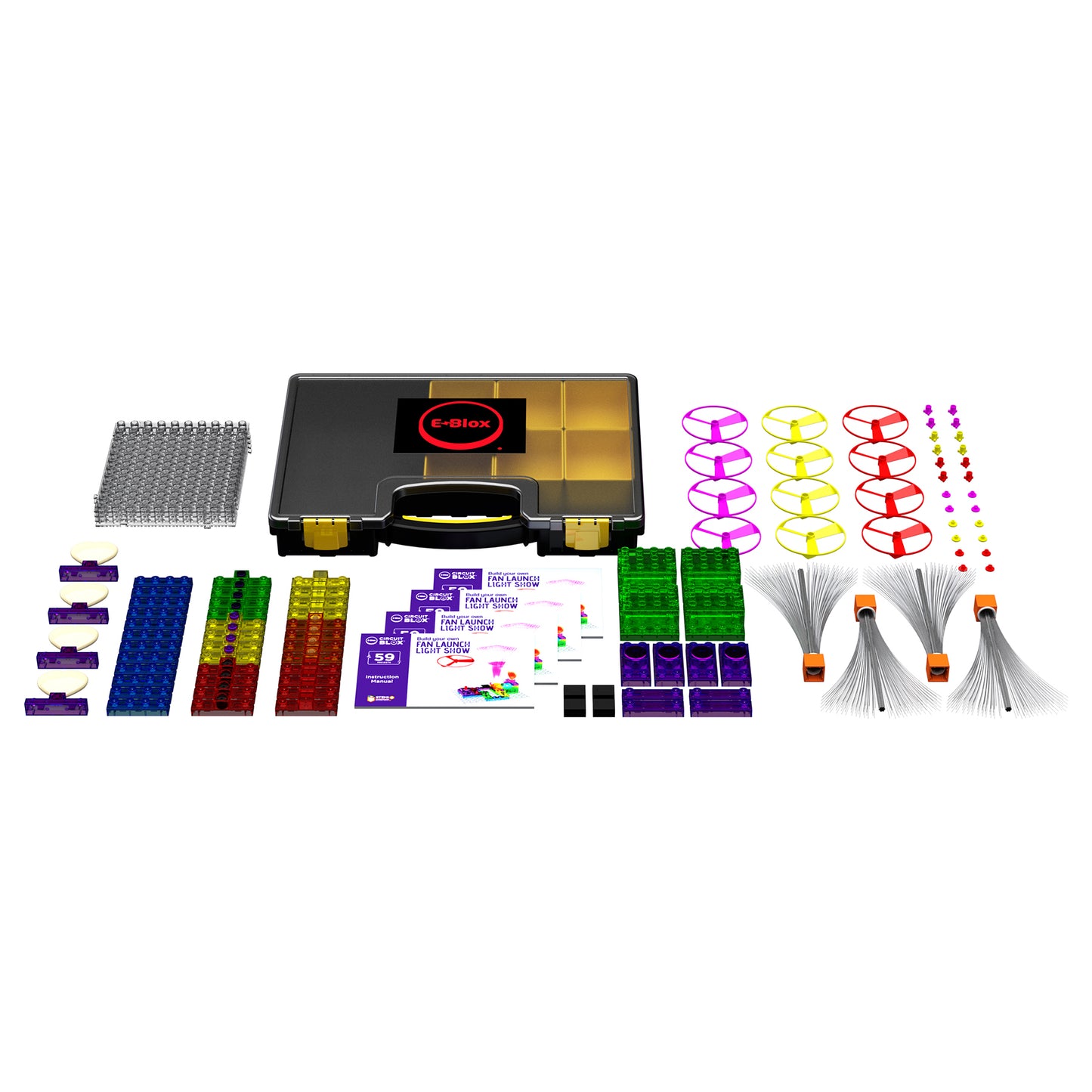 E-Blox Circuit Blox Class Set contents displayed: black carrying case with gold compartments, colorful circuit blocks in blue, green, yellow and red, purple con