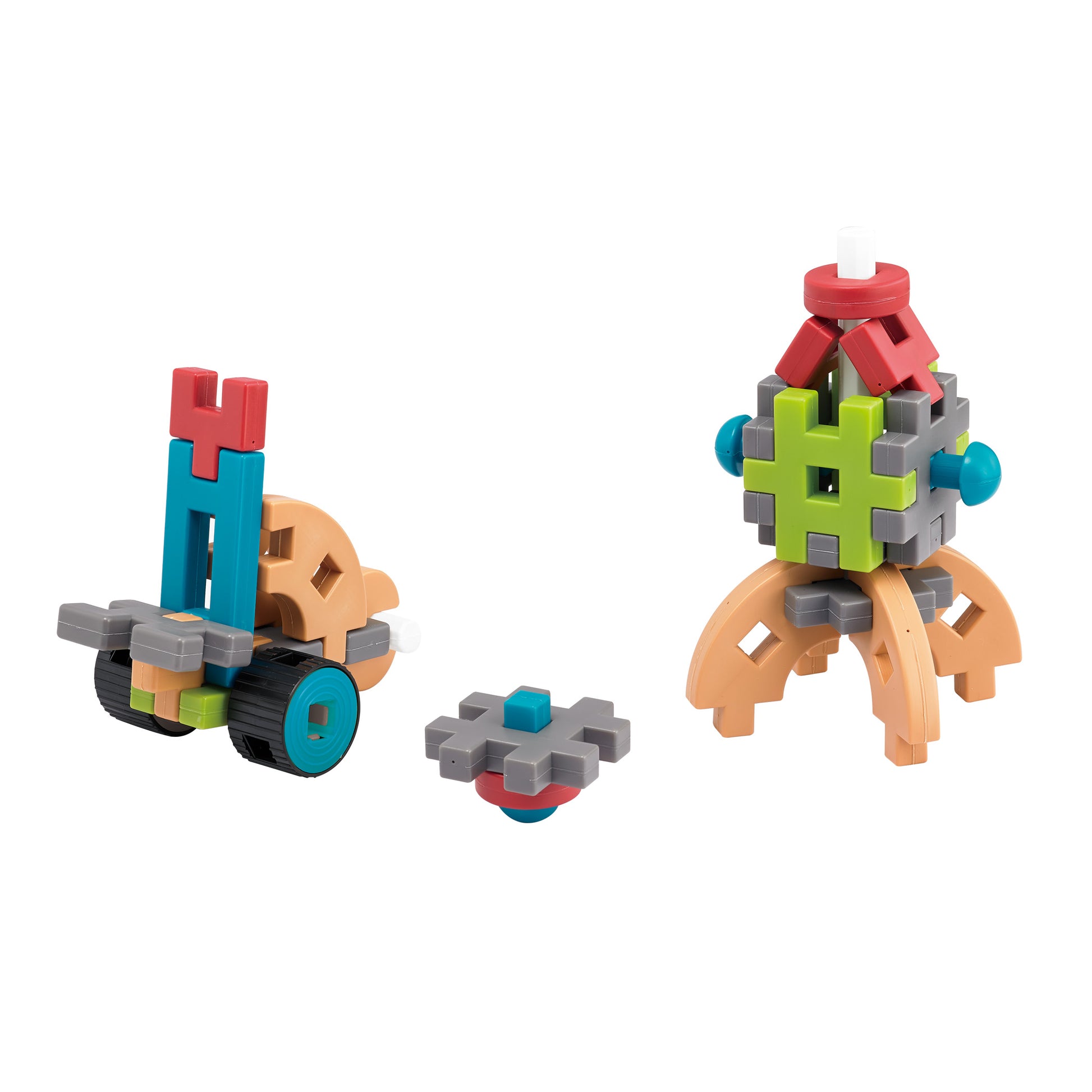 Three colorful interlocking building block structures with red, teal, lime green, gray, orange, and blue pieces on white background
