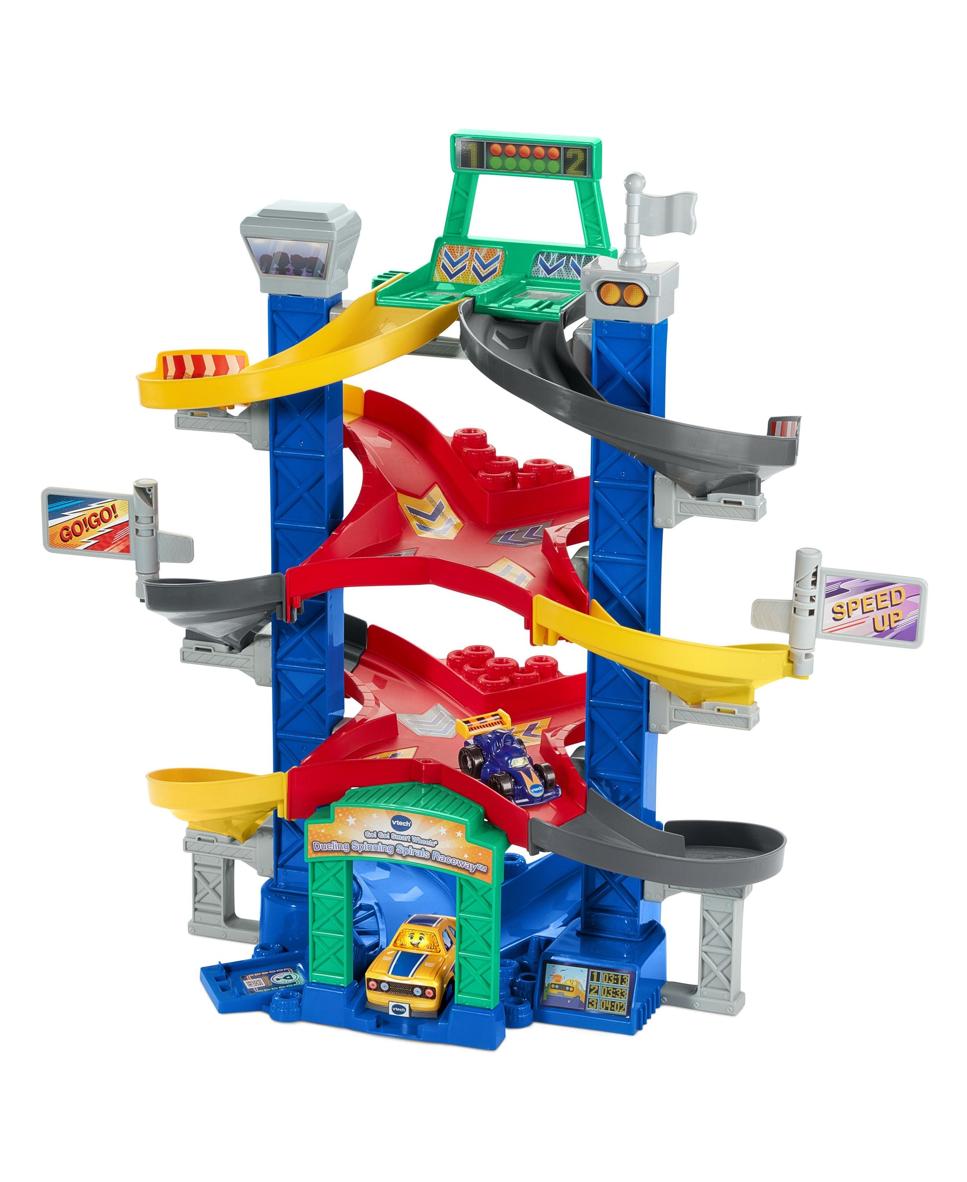 VTech Go Smart Wheels Dueling Spinning Spirals Raceway with blue base, red and yellow ramps, green top level, included yellow car toy, and dual spiral tracks