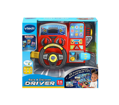 VTech Race & Discover Driver interactive toy with red steering wheel, colorful game screen dashboard, and multiple activity buttons for ages 3-6