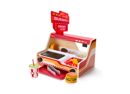 Geoffrey's Toy Box Grill Fry Burger Counter Playset with red retro diner sign, grill and fryer stations, and included play food accessories including burger and