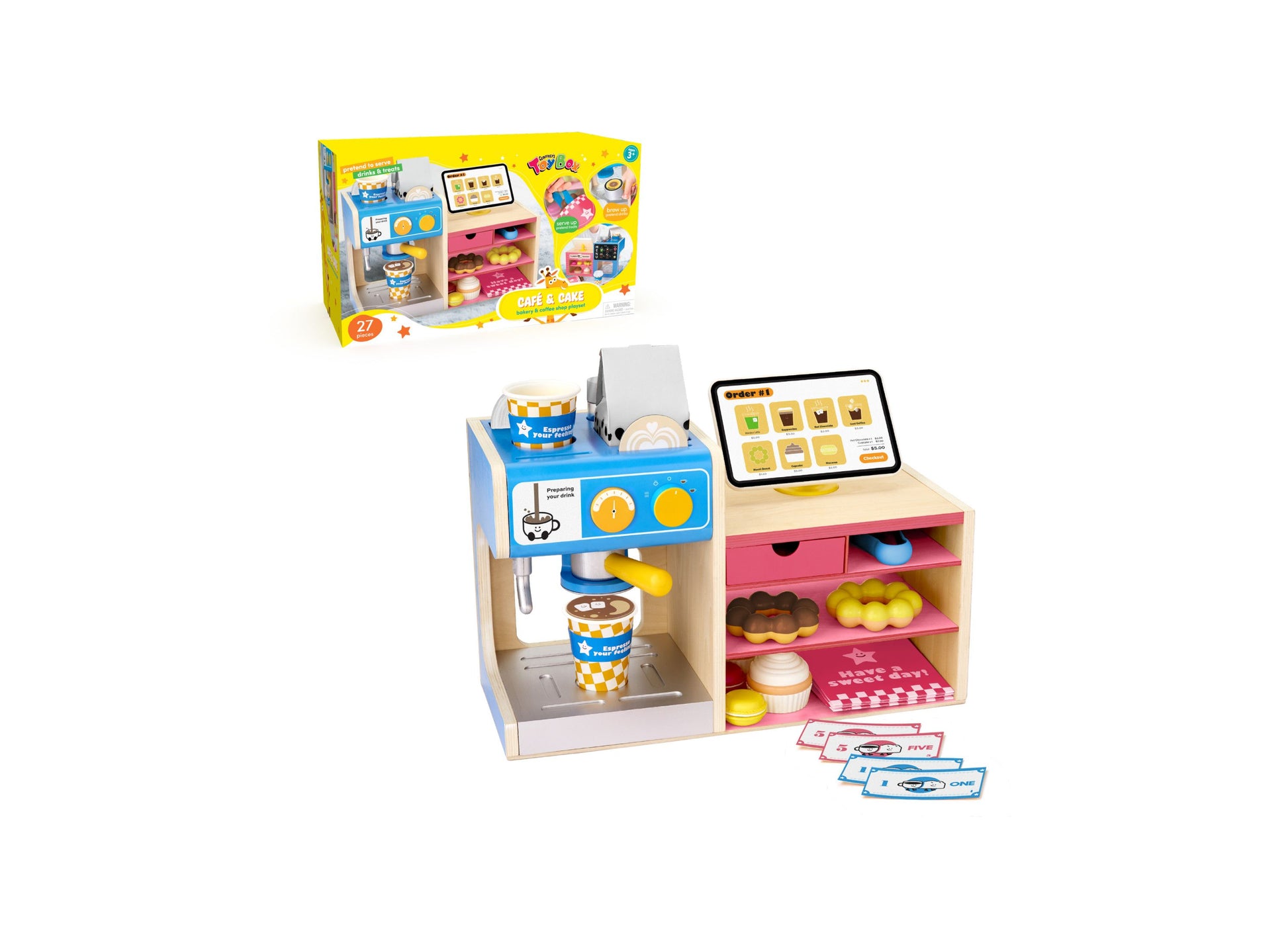 Cafe & Cake bakery playset with blue coffee machine, pink storage shelves, play food items, tablet ordering screen, and accessories