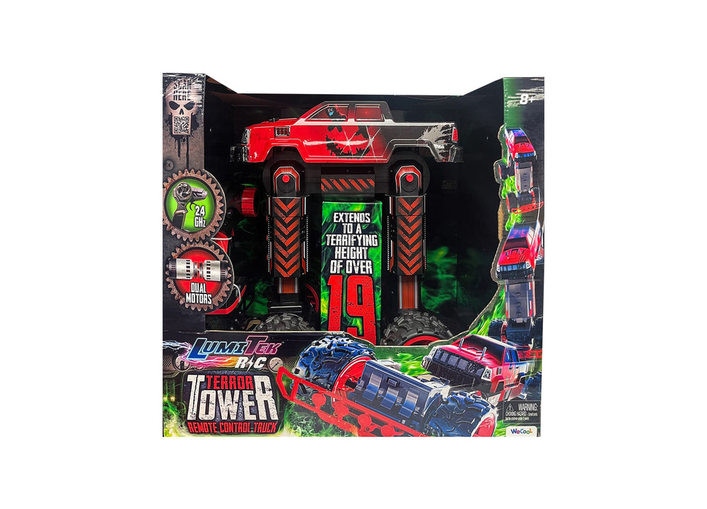 LumiTEK Terror Tower remote control truck set with red monster truck, black tower structure extending over 19 inches tall, and additional vehicles in packaging