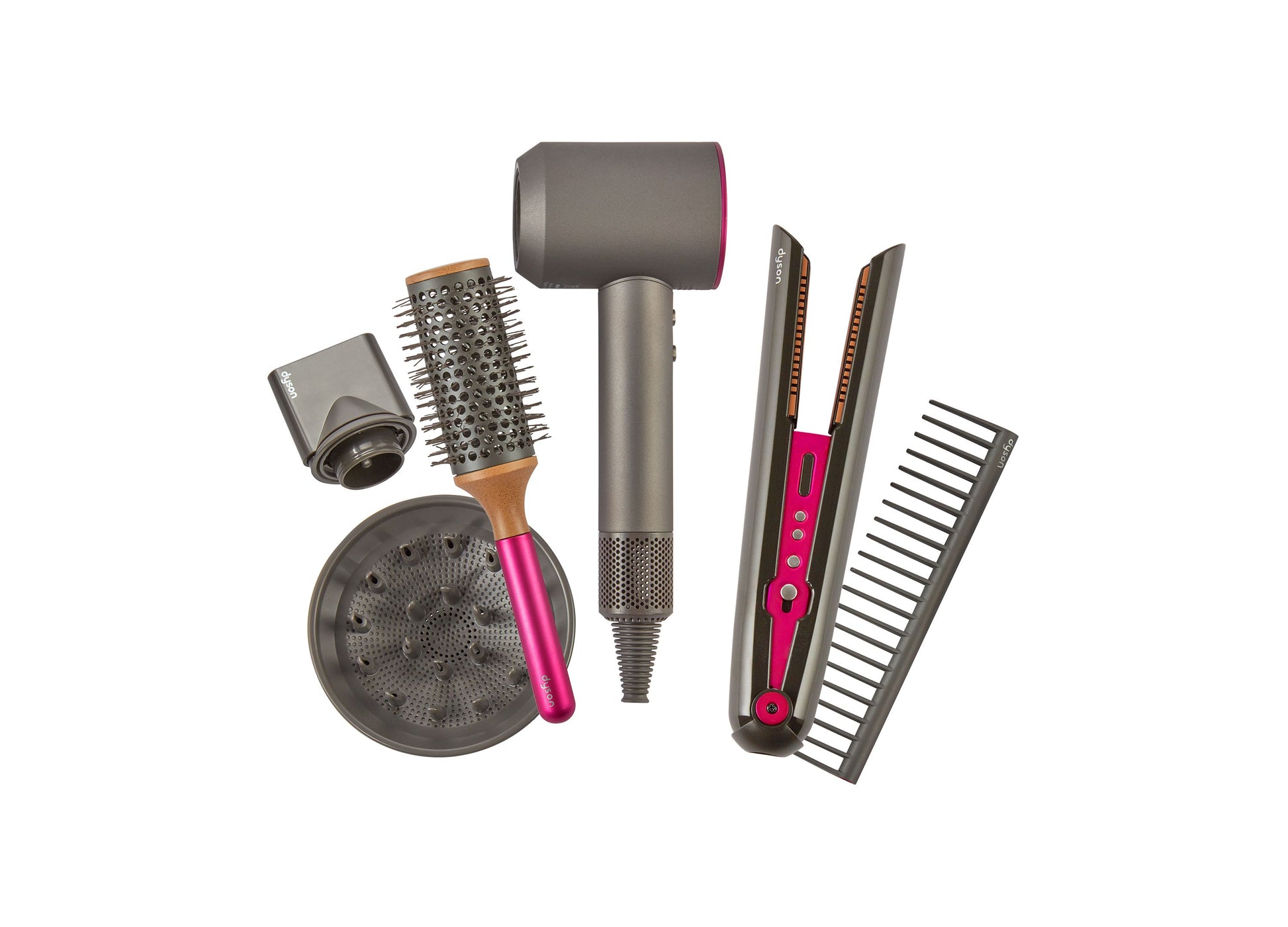 Dyson Style Set toy hair styling tools with pink and gray accessories